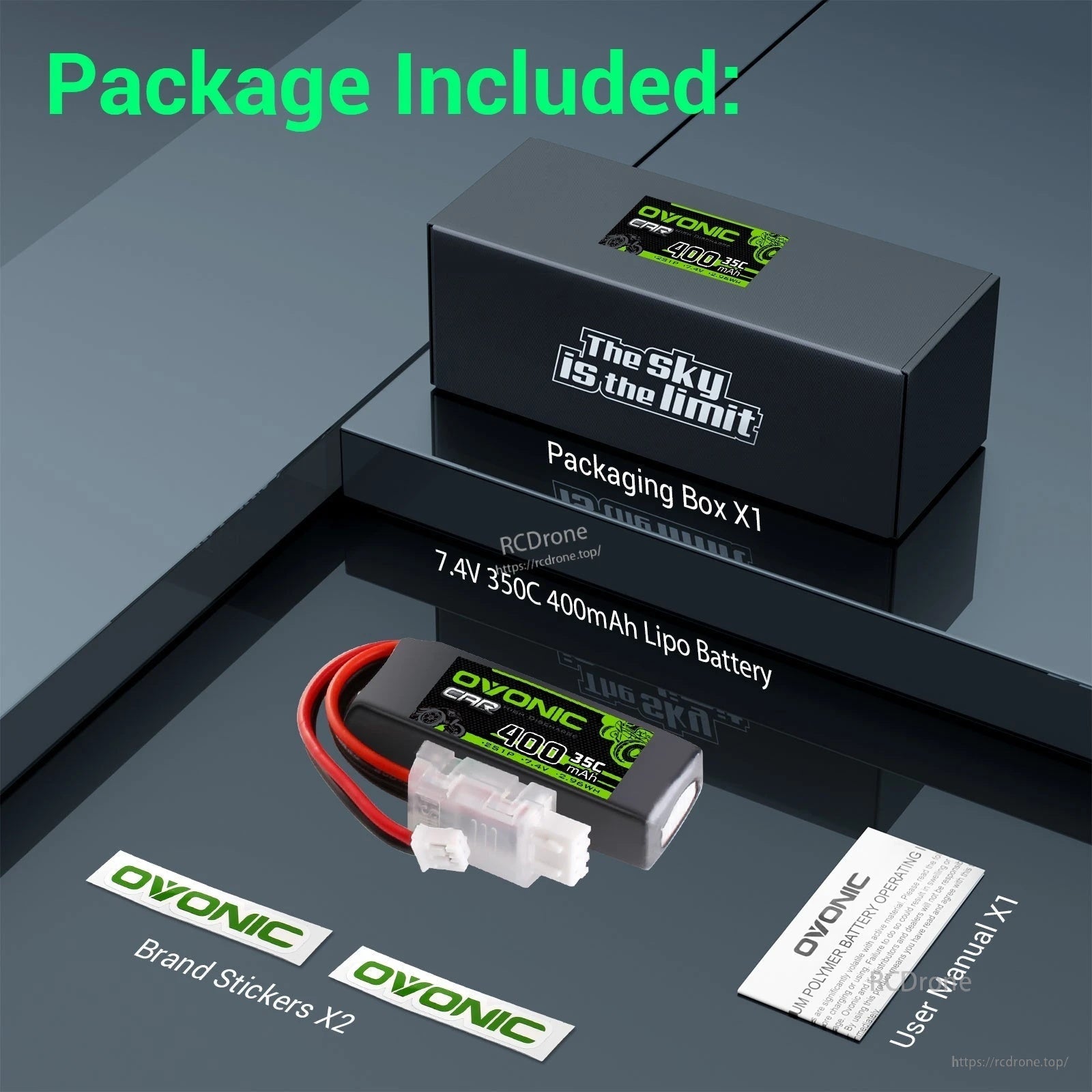 Package contents: Ovonic 2S 400mAh 7.4V 35C LiPo battery, retail box, two brand stickers, and user manual