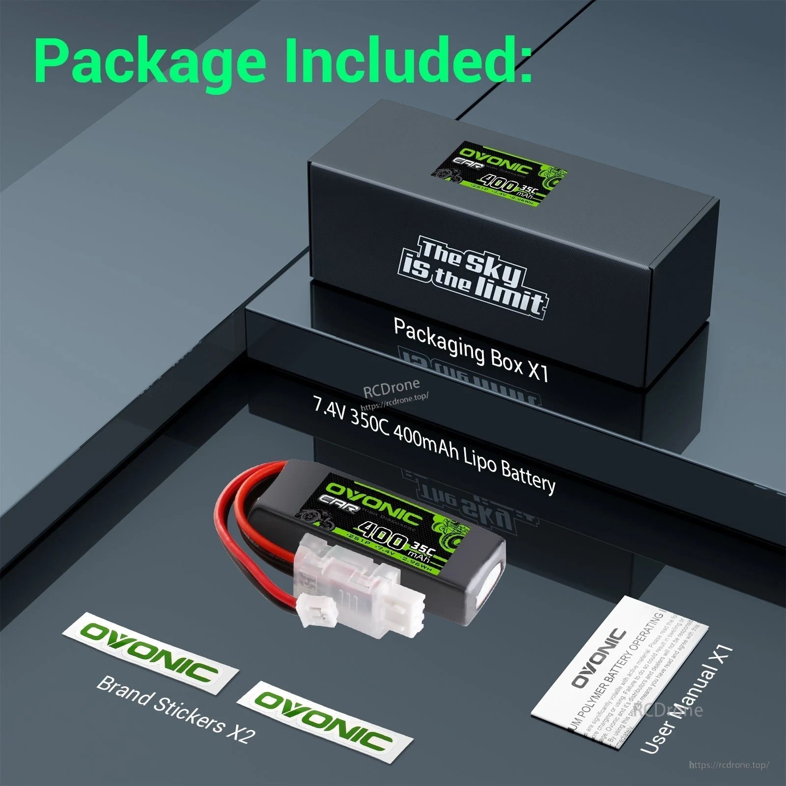 Package contents: Ovonic 7.4V 35C 400mAh LiPo battery, box, two stickers, and user manual