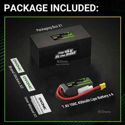 Package contents: Ovonic box, 7.4V 450mAh LiPo battery x4, brand stickers x2, user manual