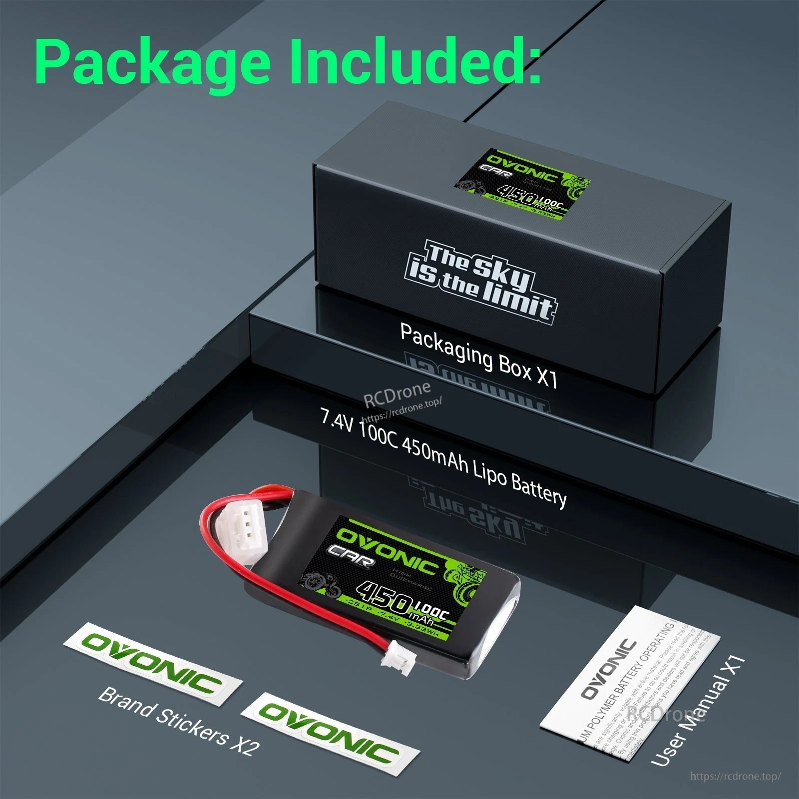 Package contents for Ovonic 2S 450mAh 7.4V LiPo battery: box, battery, brand stickers, and user manual