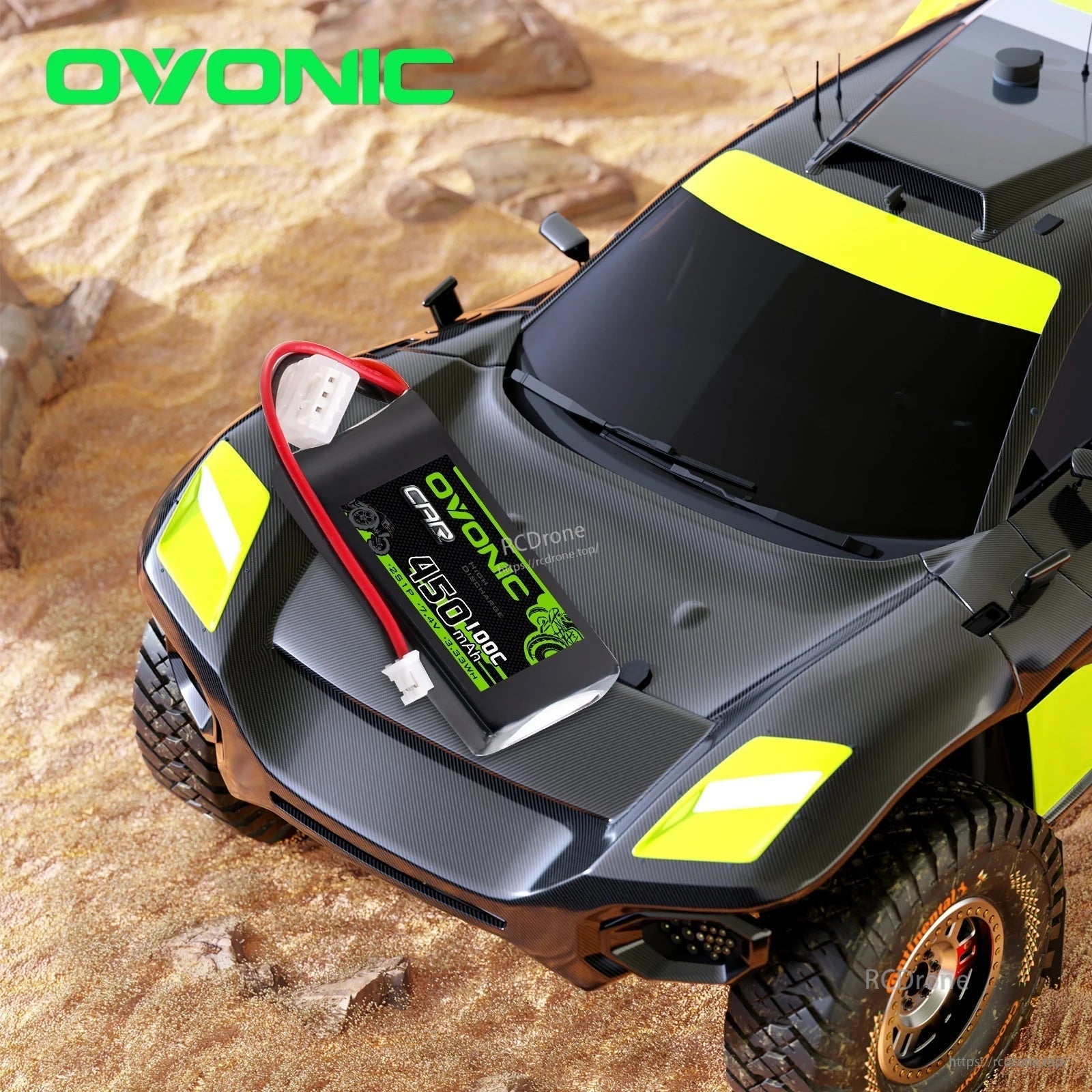 Compact 2S softcase LiPo battery placed on an RC car body to illustrate fit for small 7.4V models