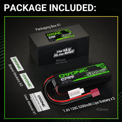 Package contents: Ovonic battery box, two 7.4V 5200mAh hardcase LiPo packs, brand stickers, user manual