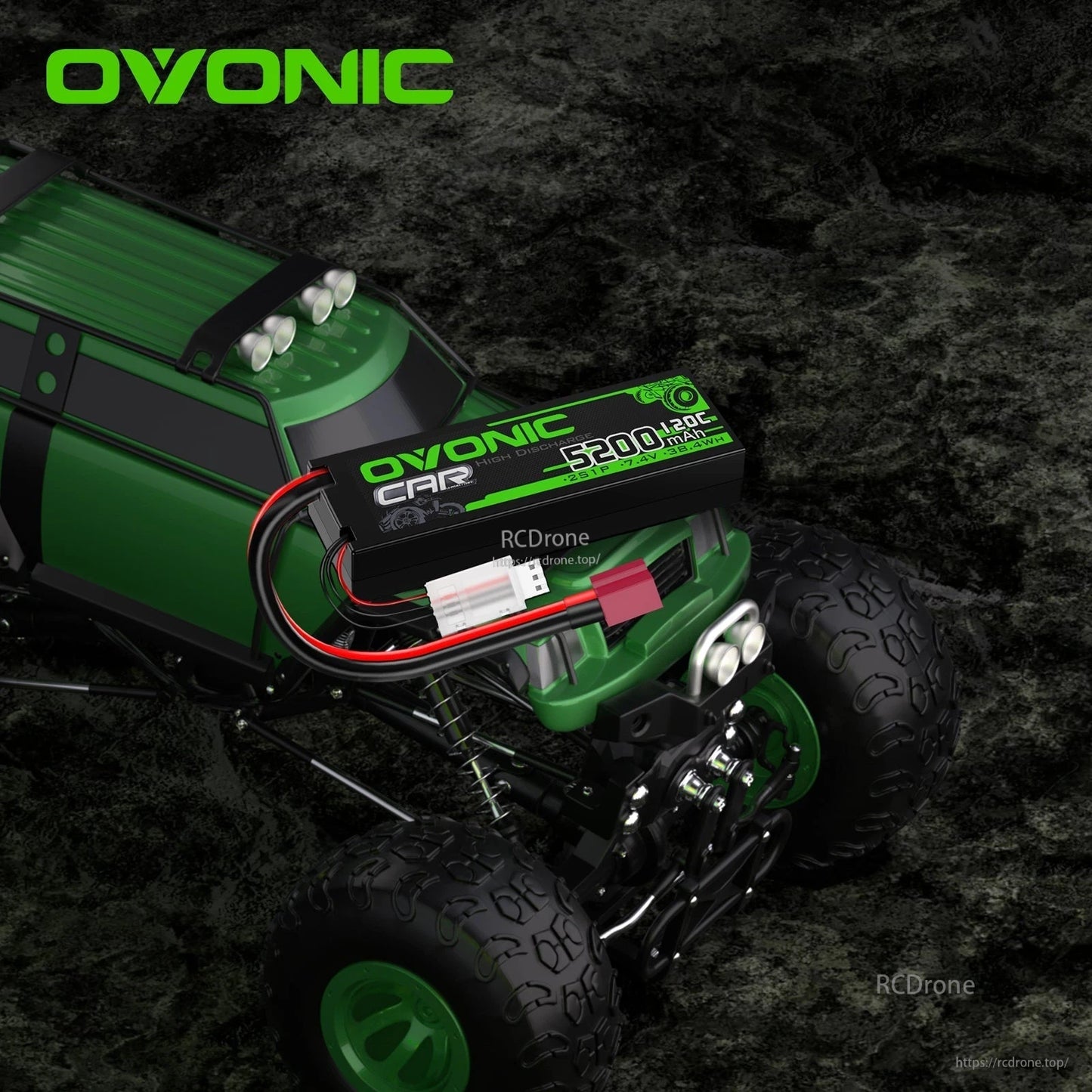Hardcase 2S LiPo battery installed in RC truck example, showing wiring and Deans T connector placement