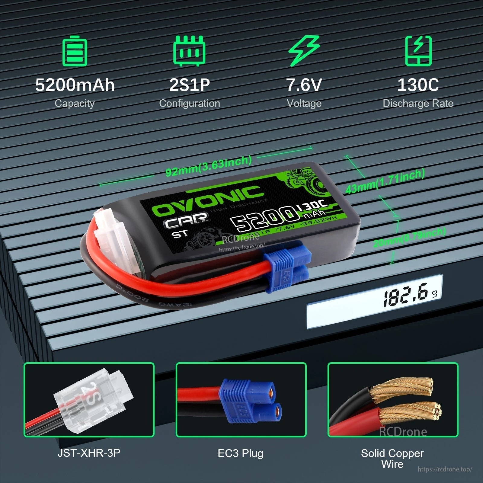 OVONIC 2S 5200mAh 7.6V 130C shorty hardcase LiHV battery with EC3 plug, size and connector callouts