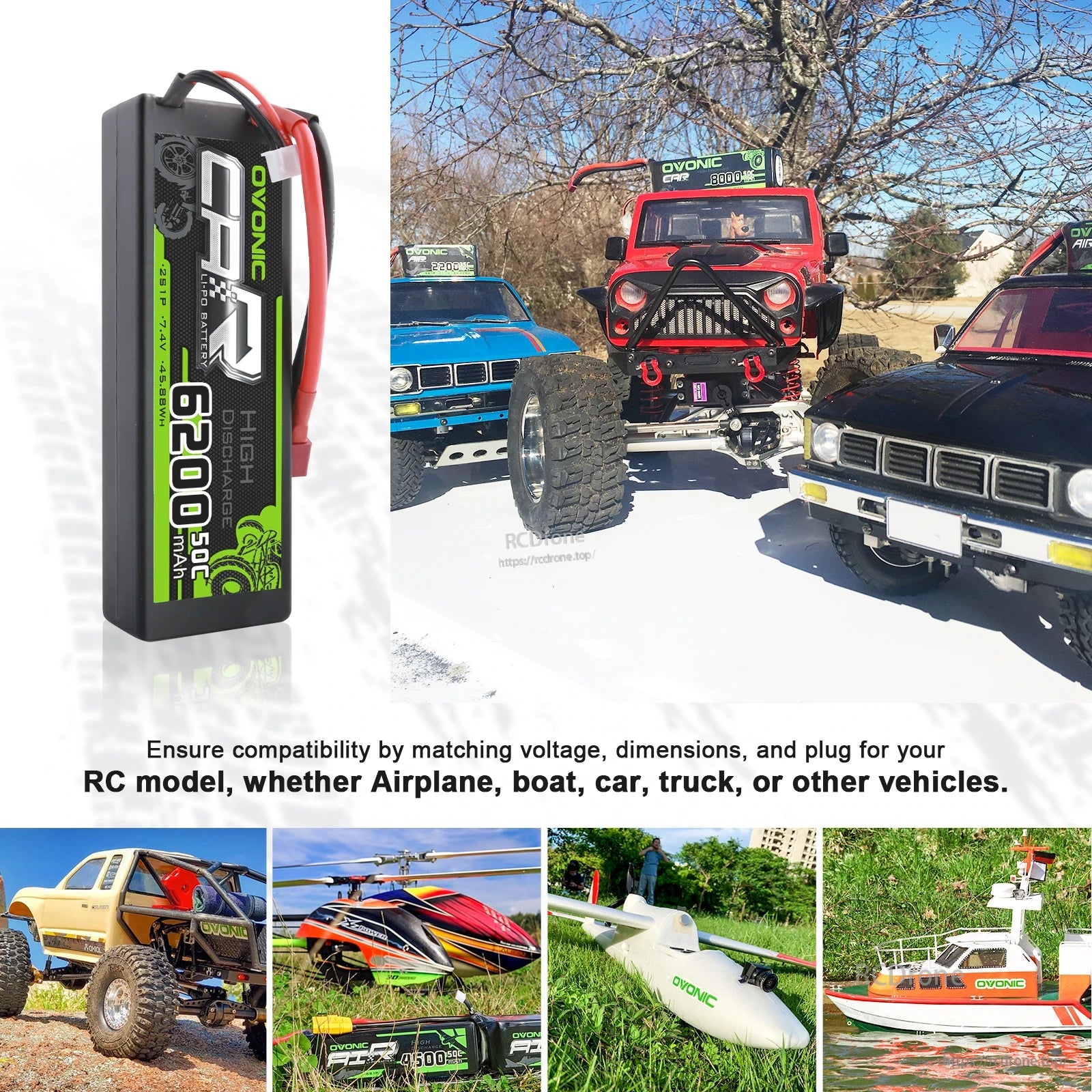 Hard case RC LiPo battery application collage with RC trucks and models; note to match voltage and plug