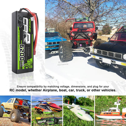 Hard case RC LiPo battery application collage with RC trucks and models; note to match voltage and plug