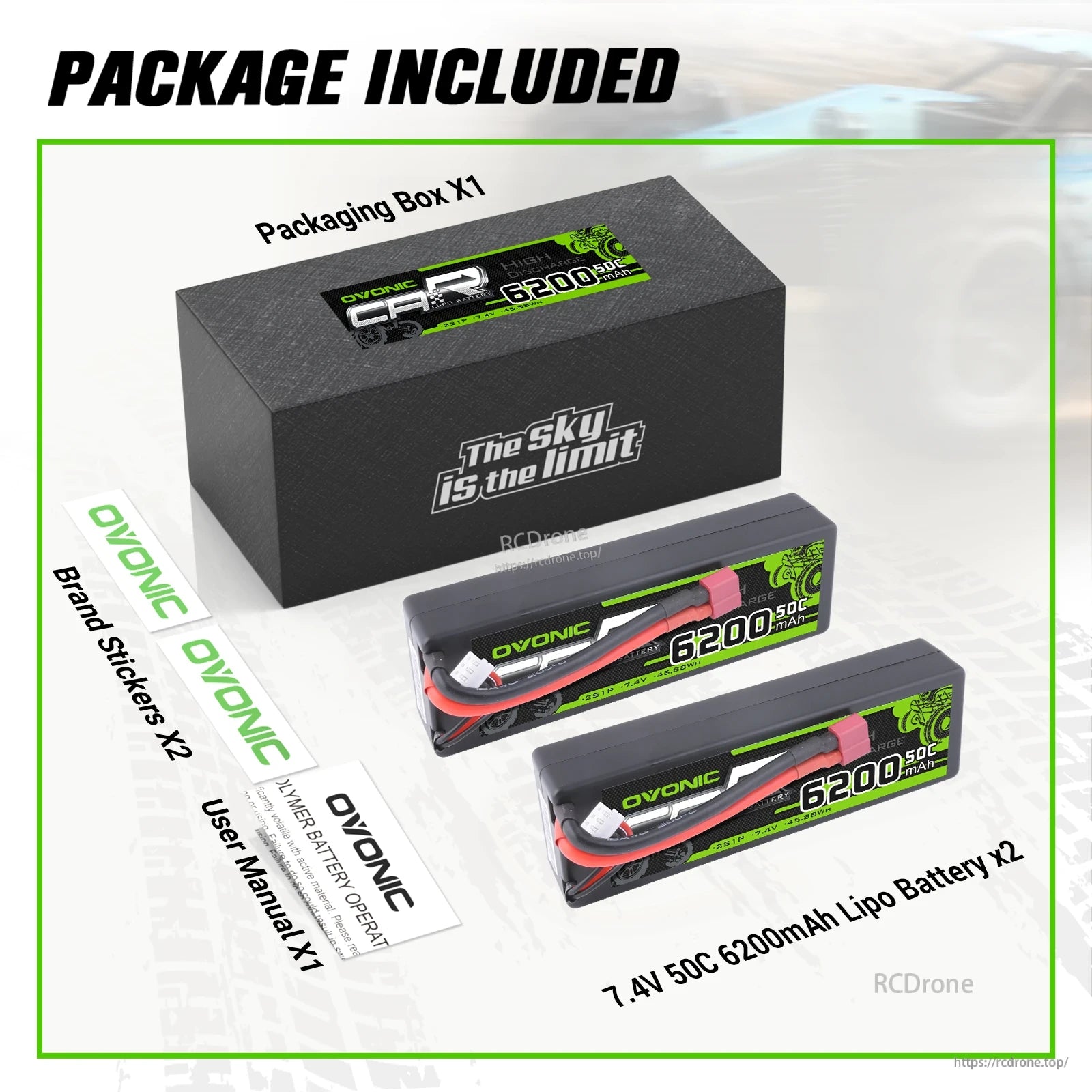 Package contents: box, two 7.4V 6200mAh 50C hard case LiPo batteries, brand stickers, and user manual