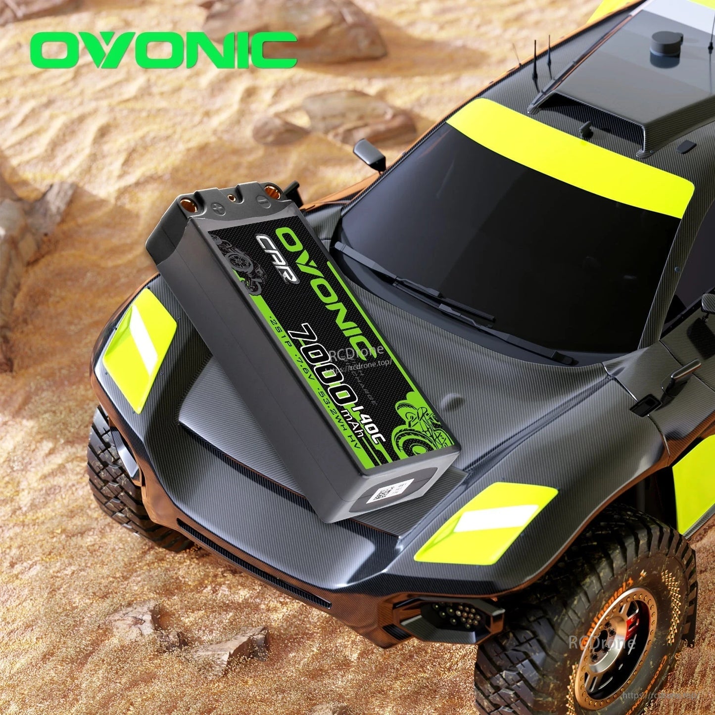 Hardcase LiHV battery shown on RC car body, off-road use case setting
