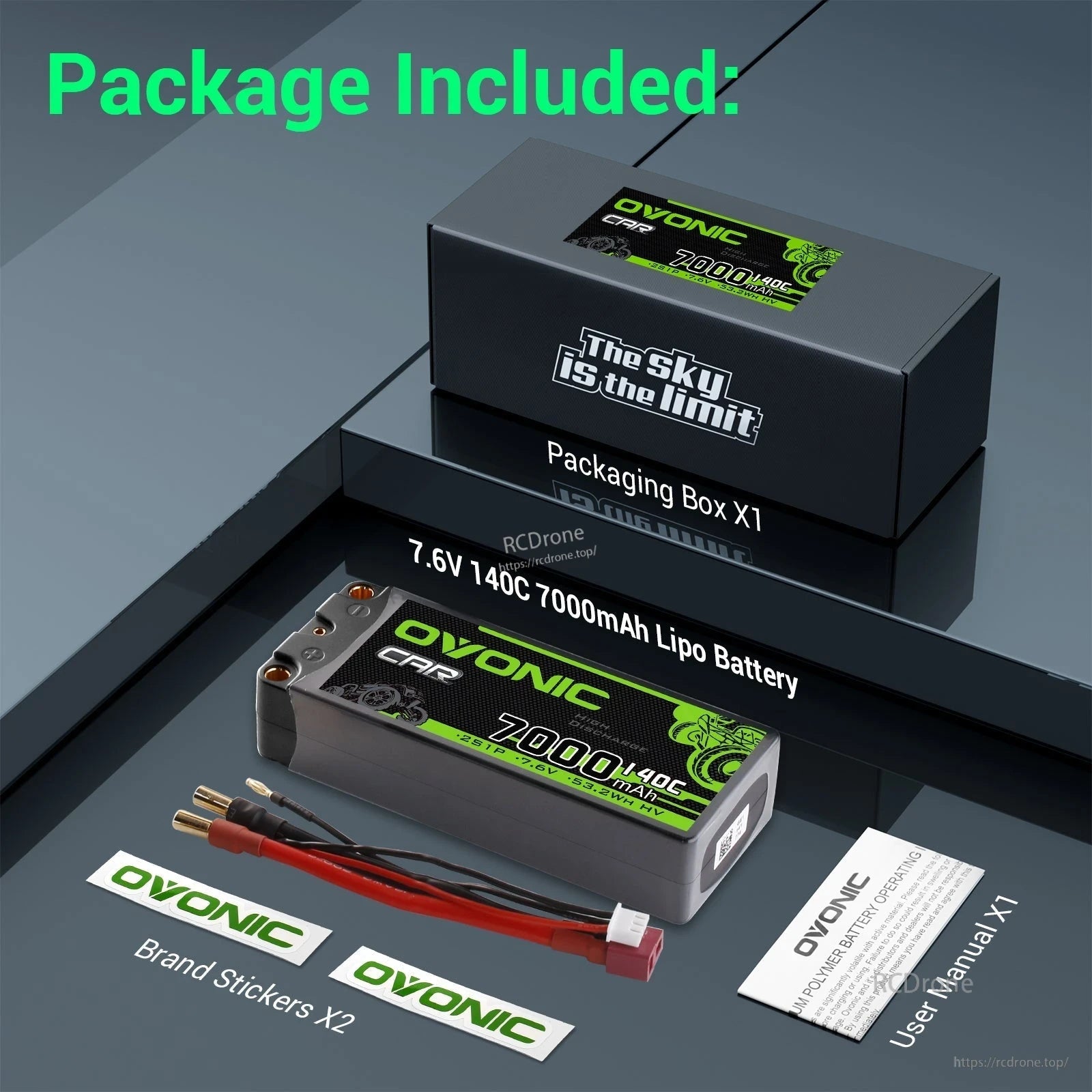 Ovonic 2S 7000mAh 7.6V 140C hardcase LiHV battery package contents: box, stickers, user manual