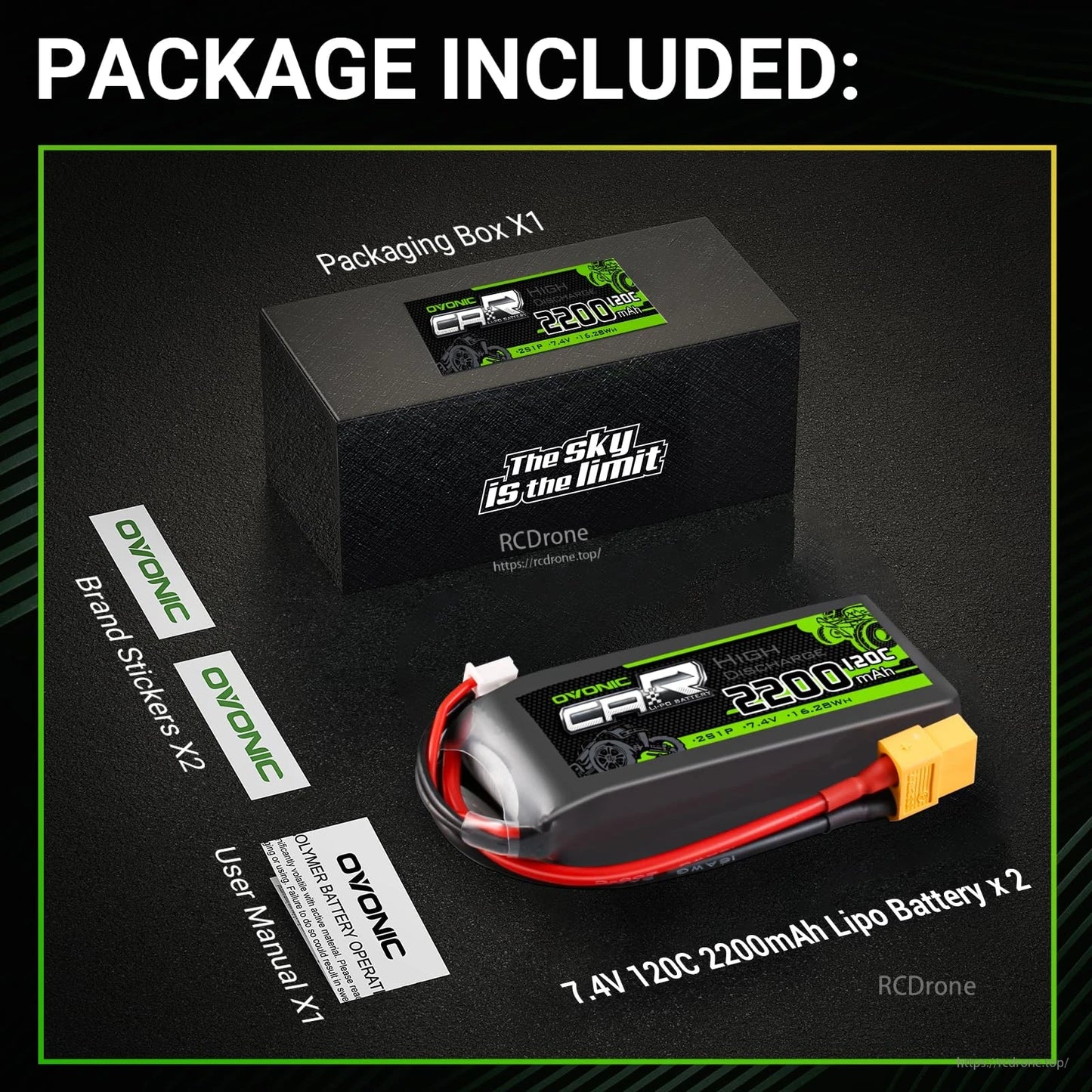 Package contents: Ovonic battery box, two 7.4V 2200mAh LiPo batteries, user manual and brand stickers