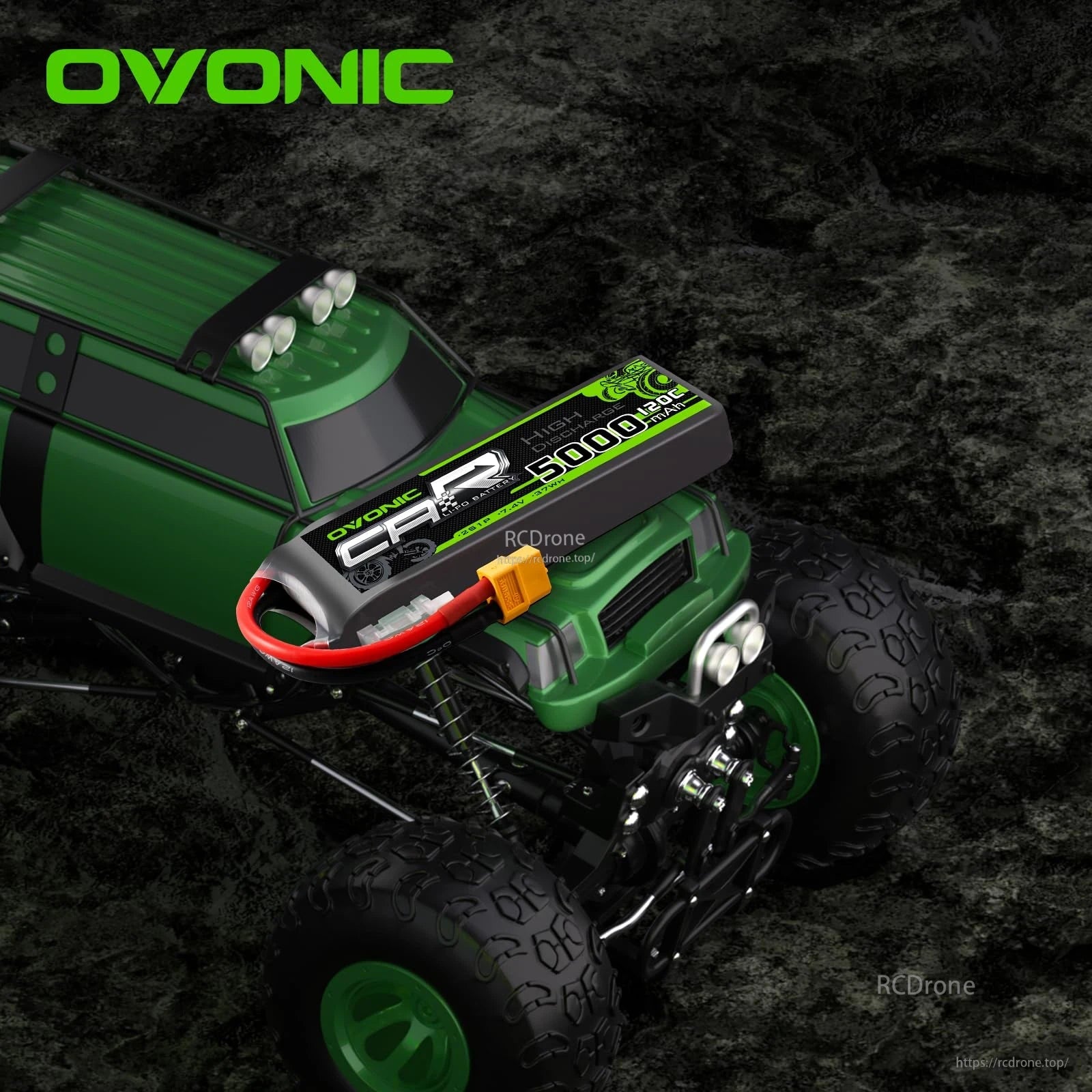 Use case: Ovonic 5000mAh LiPo installed on a green RC off-road truck with connector visible