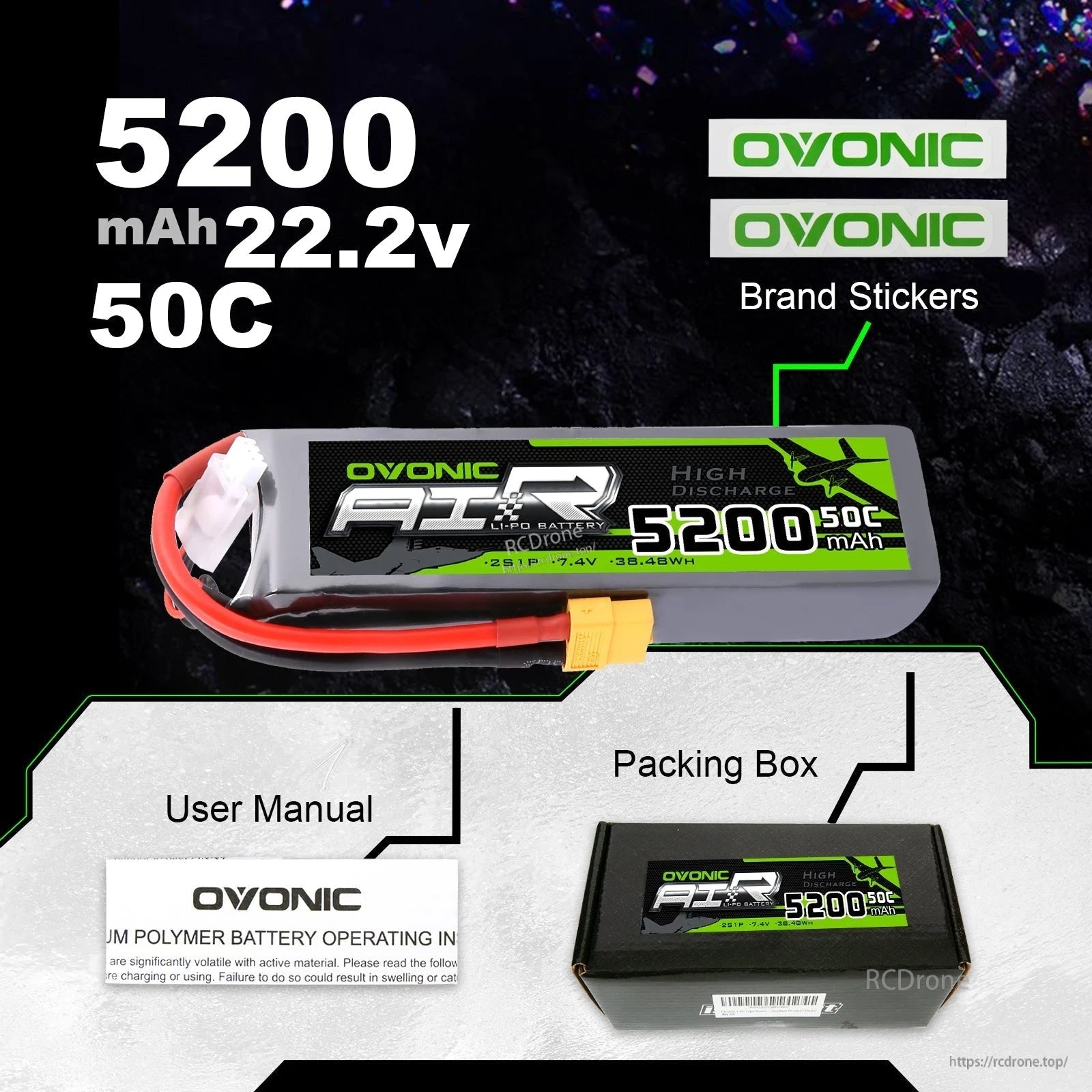 Package contents shown: Ovonic LiPo battery pack, brand stickers, user manual and packing box
