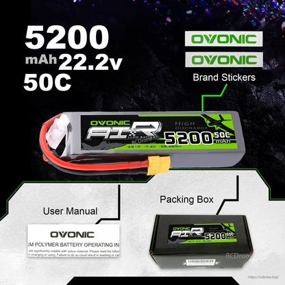 Package contents shown: Ovonic LiPo battery pack, brand stickers, user manual and packing box