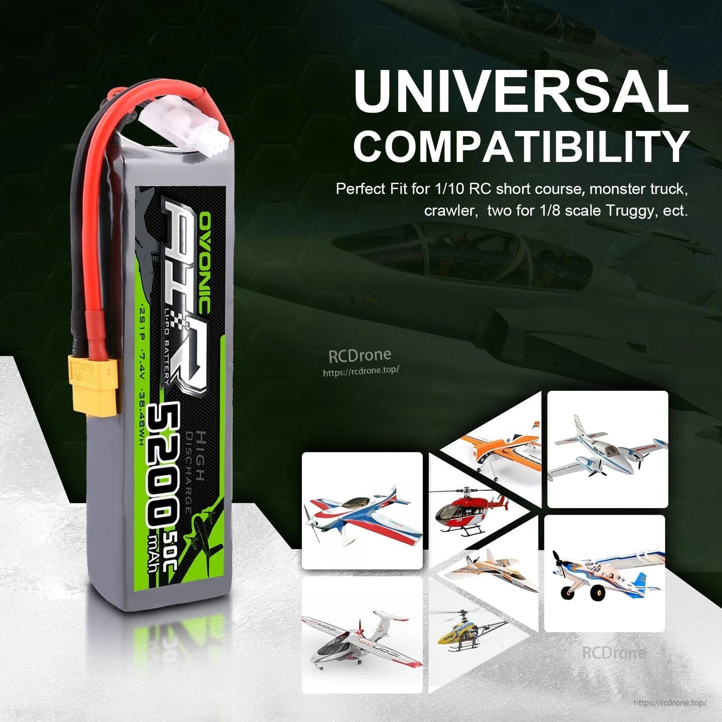 Ovonic 2S 7.4V 5200mAh 50C LiPo battery shown with universal compatibility graphic for RC models