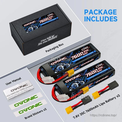 Package includes box, two 7.4V 7600mAh 25C batteries, XT60 adapter leads, user manual, and Ovonic stickers