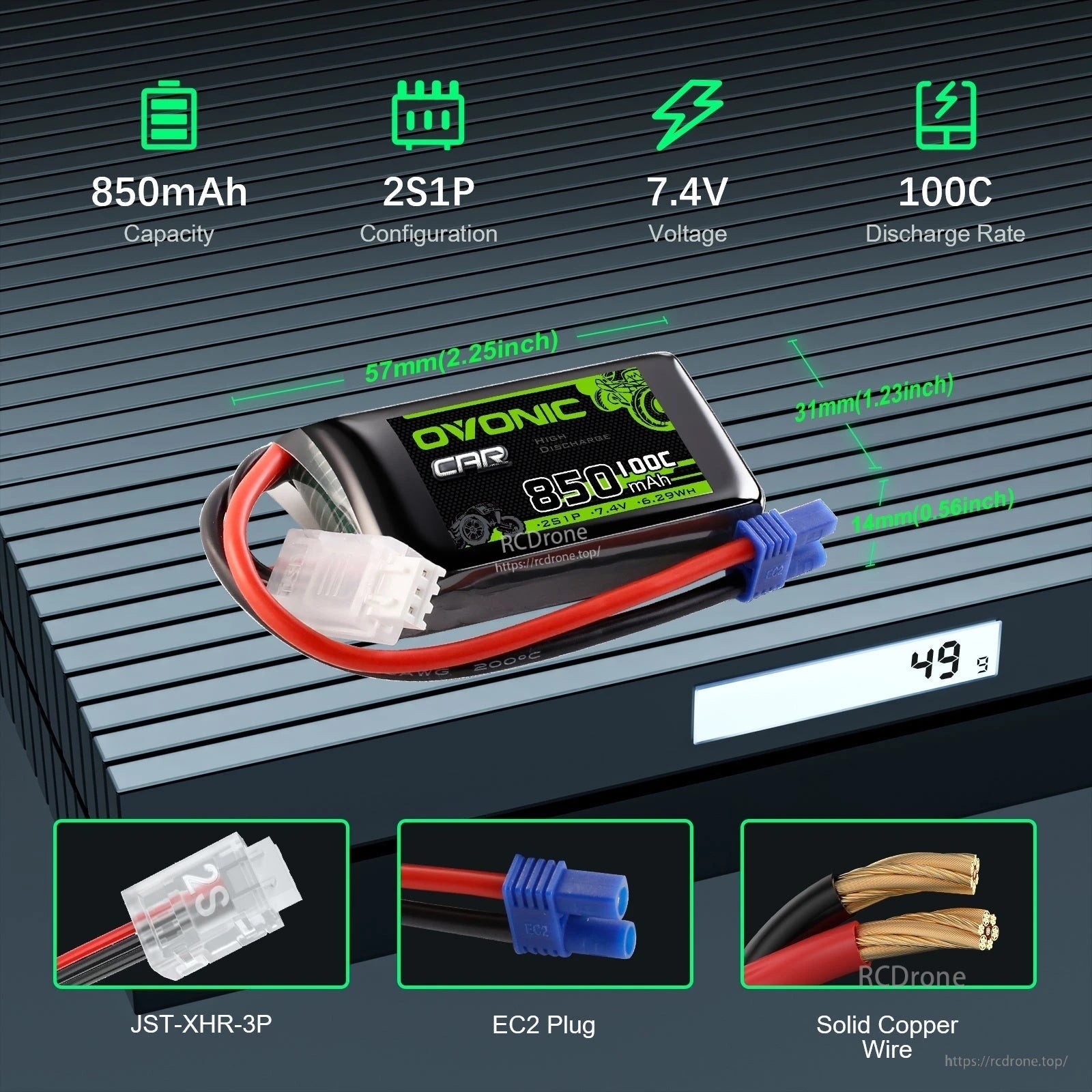 Ovonic 2S 850mAh 100C 7.4V softcase LiPo battery with EC2 plug and JST-XHR-3P balance lead