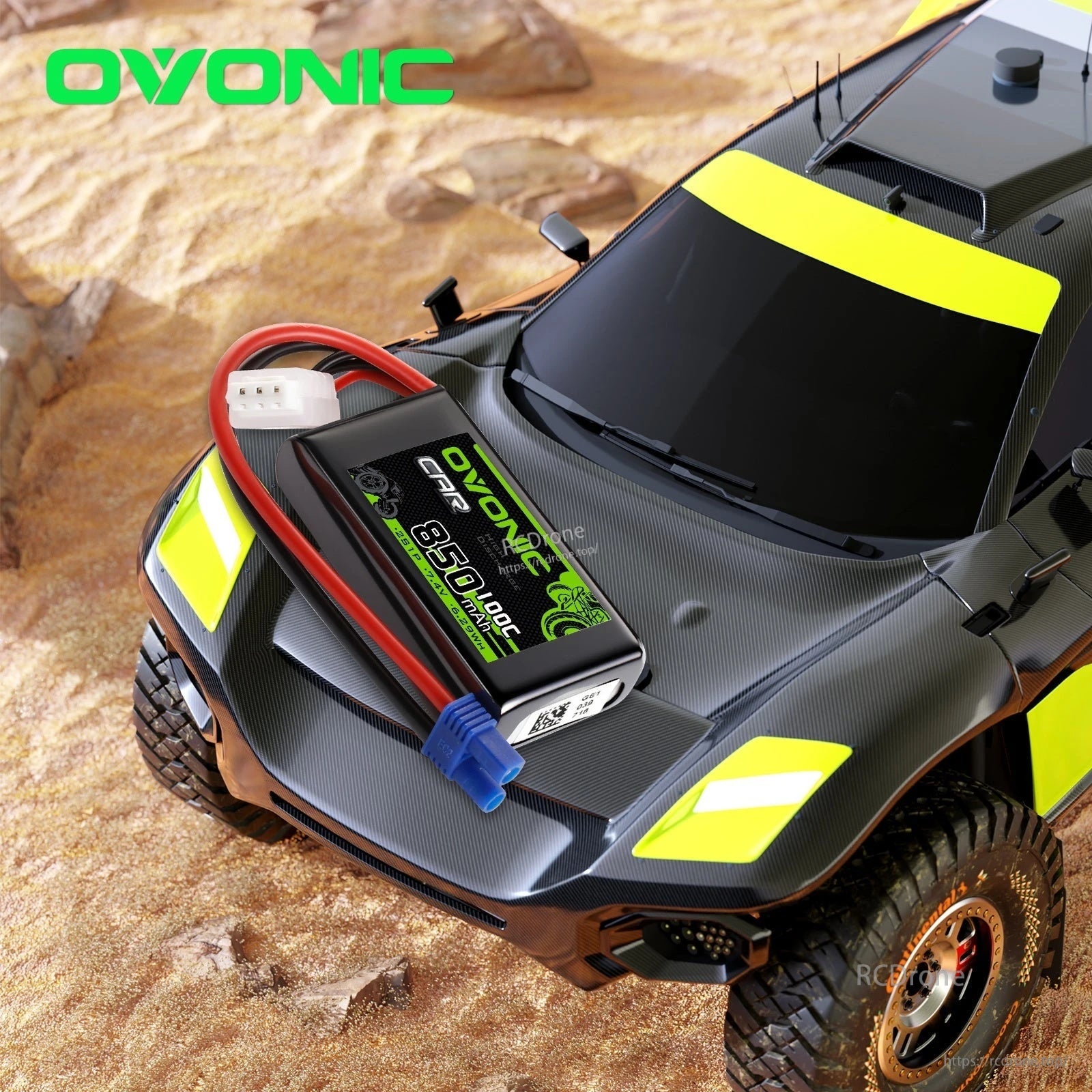 Ovonic 2S 850mAh softcase LiPo battery placed on an RC car body to illustrate compact fitment and lead length