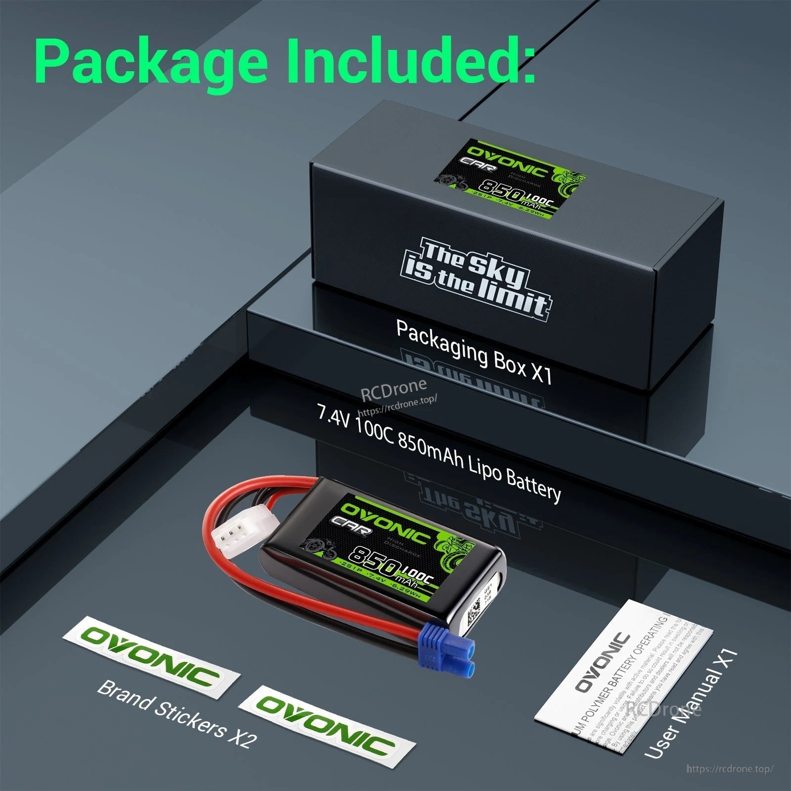 Package contents: Ovonic 2S 850mAh 7.4V 100C LiPo battery, retail box, two brand stickers, and user manual