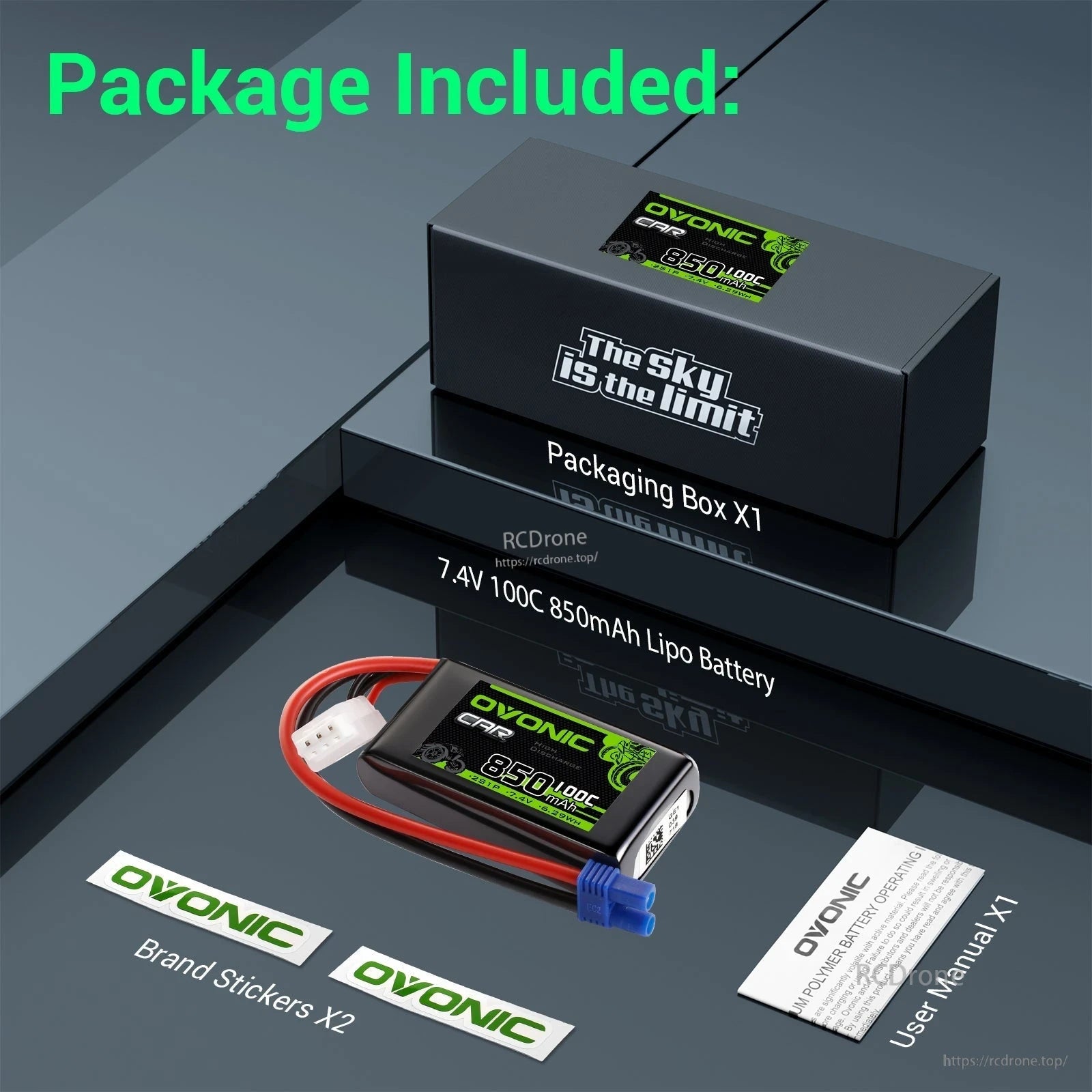 Package contents: 7.4V 850mAh LiPo battery, packaging box, user manual, and Ovonic brand stickers