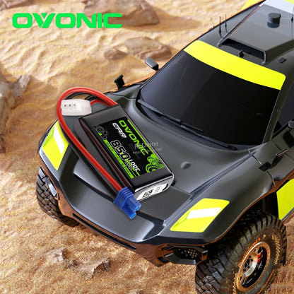 850mAh 2S softcase LiPo battery shown on RC off-road car body as use case example