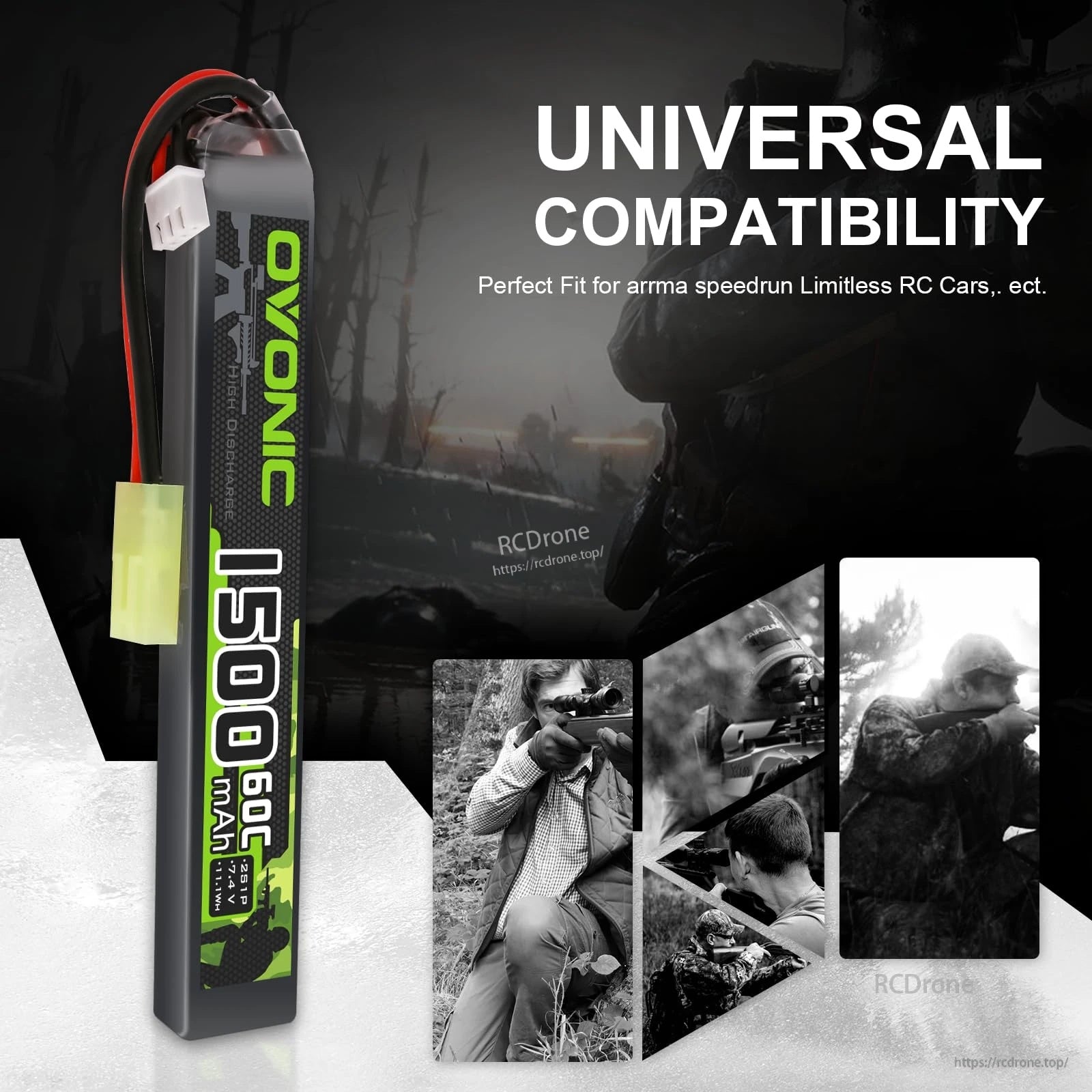 Ovonic 1500mAh LiPo stick battery upright, highlighting compact shape for airsoft AEGs and compatible toys