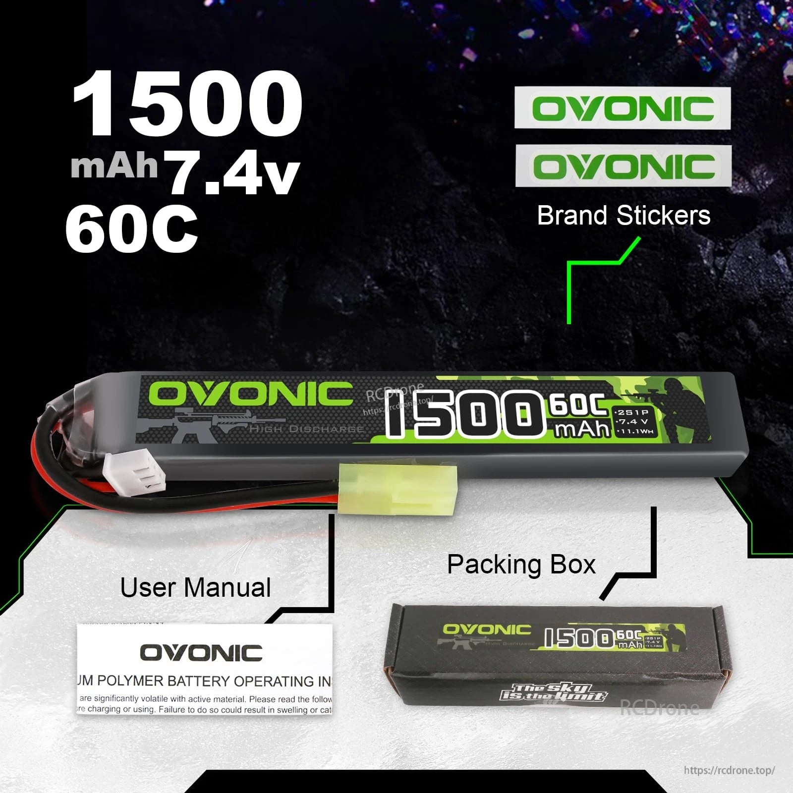 What’s included: Ovonic 7.4V 1500mAh 60C LiPo battery, user manual, packing box, and brand stickers