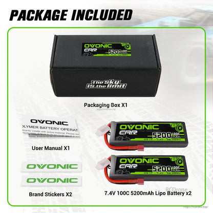 Package contents: Ovonic box, user manual, brand stickers, and two 7.4V 5200mAh 100C LiPo batteries
