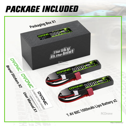 Package contents: 2 Ovonic 7.4V 1000mAh 80C LiPo batteries, packaging box, brand stickers, user manual