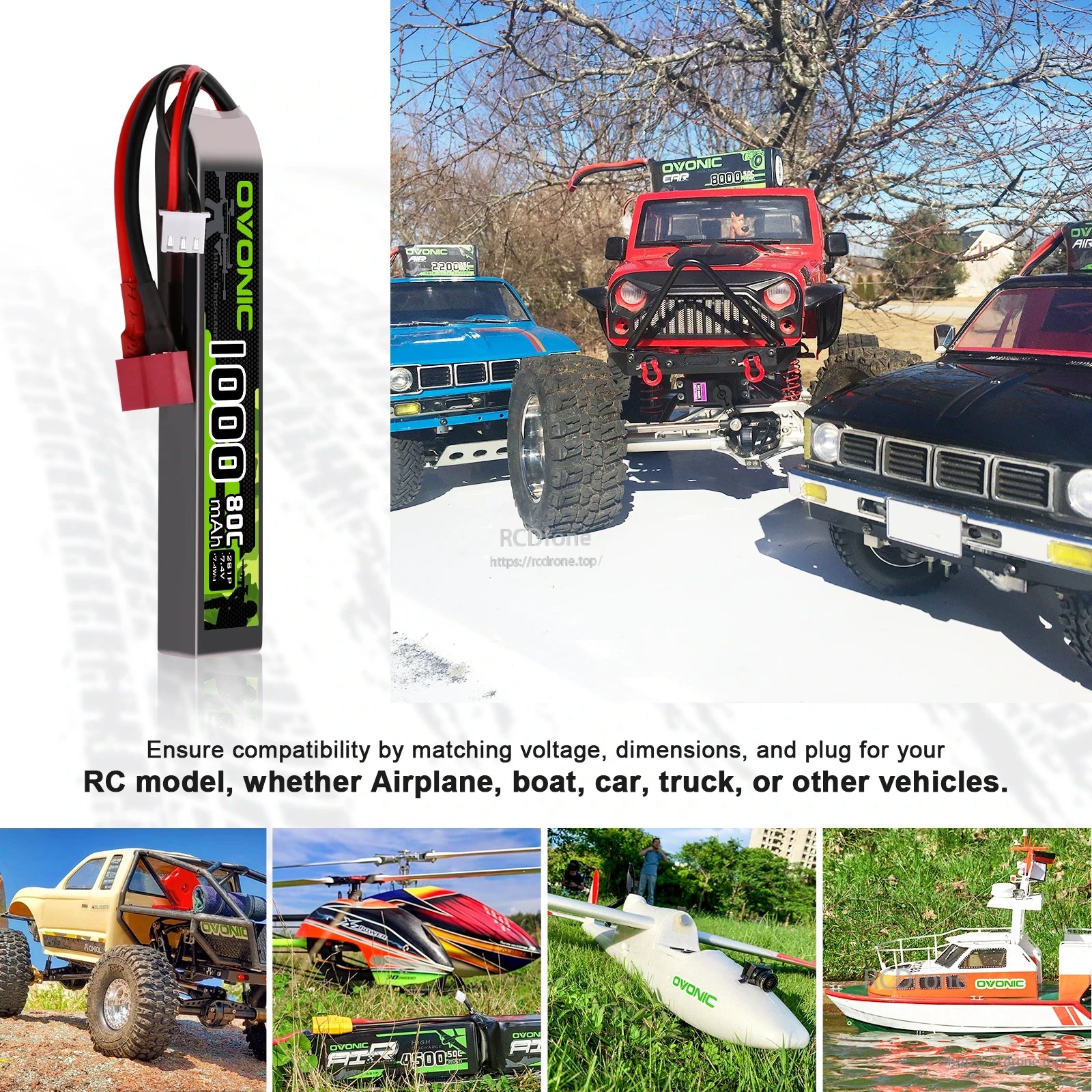 Ovonic 1000mAh 7.4V LiPo battery shown with RC vehicle use case collage (car, boat, helicopter, plane)