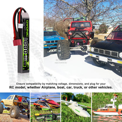 Ovonic 1000mAh 7.4V LiPo battery shown with RC vehicle use case collage (car, boat, helicopter, plane)