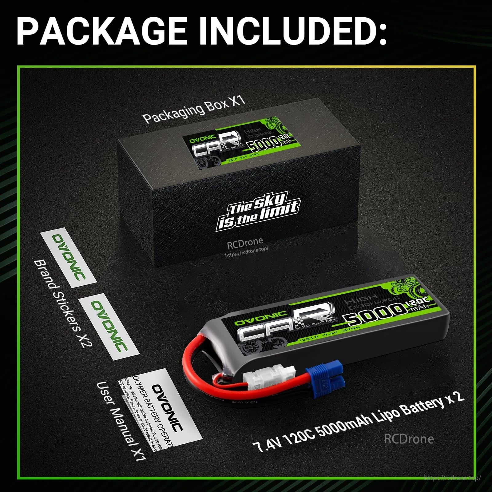 Package contents: Ovonic 2x 2S 7.4V 5000mAh 120C LiPo batteries, box, stickers and user manual