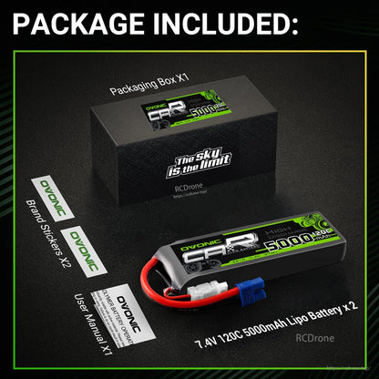 Package contents: Ovonic 2x 2S 7.4V 5000mAh 120C LiPo batteries, box, stickers and user manual