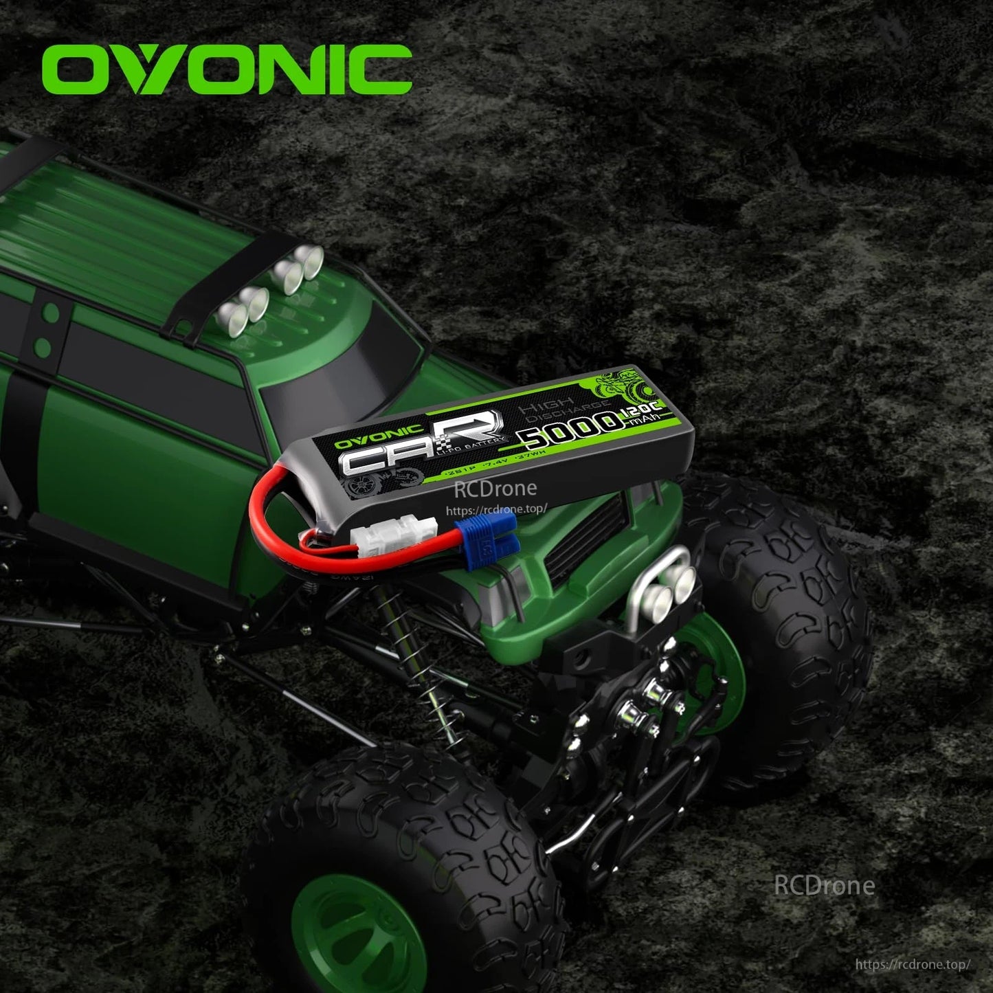 Ovonic 2S 7.4V 5000mAh LiPo battery shown installed on an RC monster truck for use case