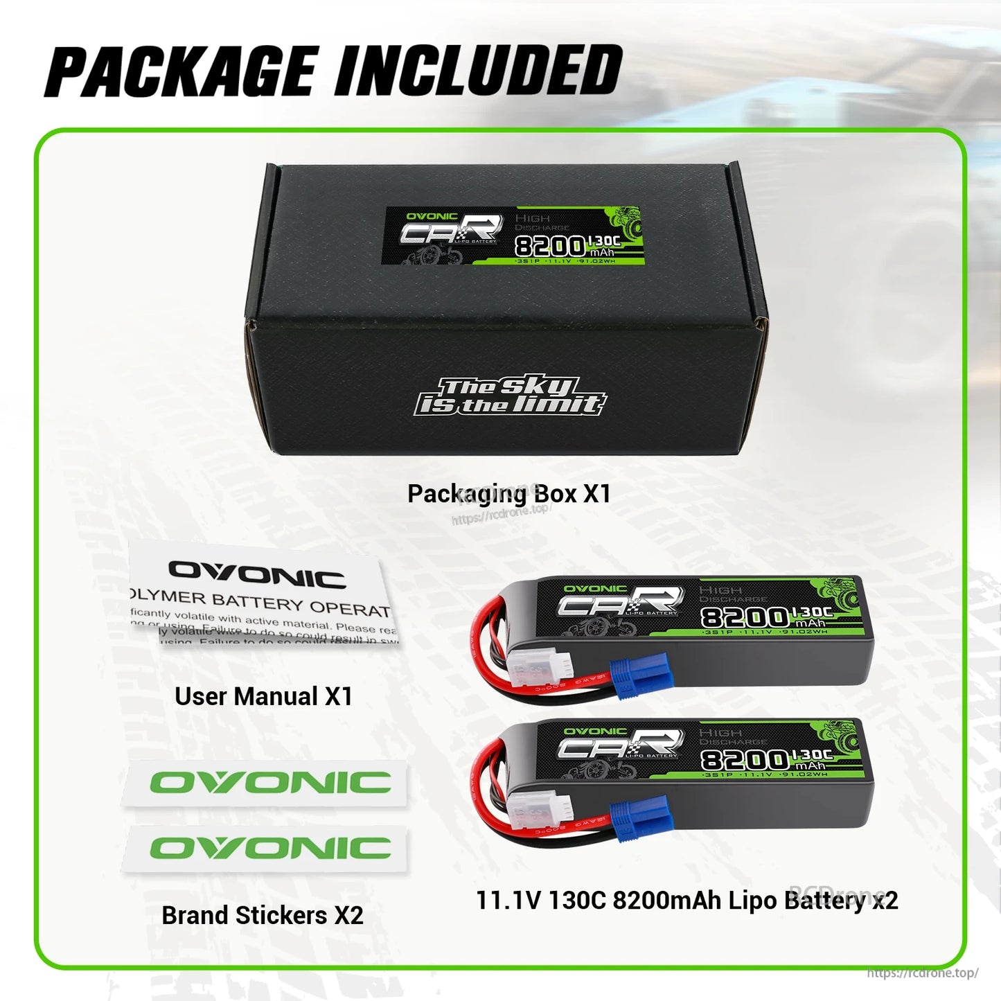 Package contents: Ovonic 3S 8200mAh LiPo batteries x2, packaging box, user manual, brand stickers