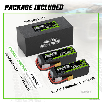 Package included: two 22.2V 5000mAh 130C LiPo batteries, packaging box, brand stickers and user manual