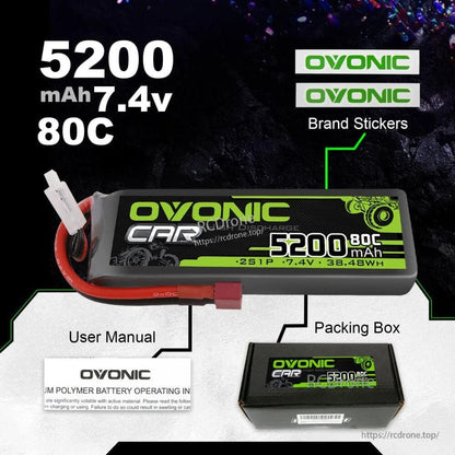 Package contents: Ovonic 5200mAh 7.4V 80C LiPo battery, brand stickers, user manual, and packing box