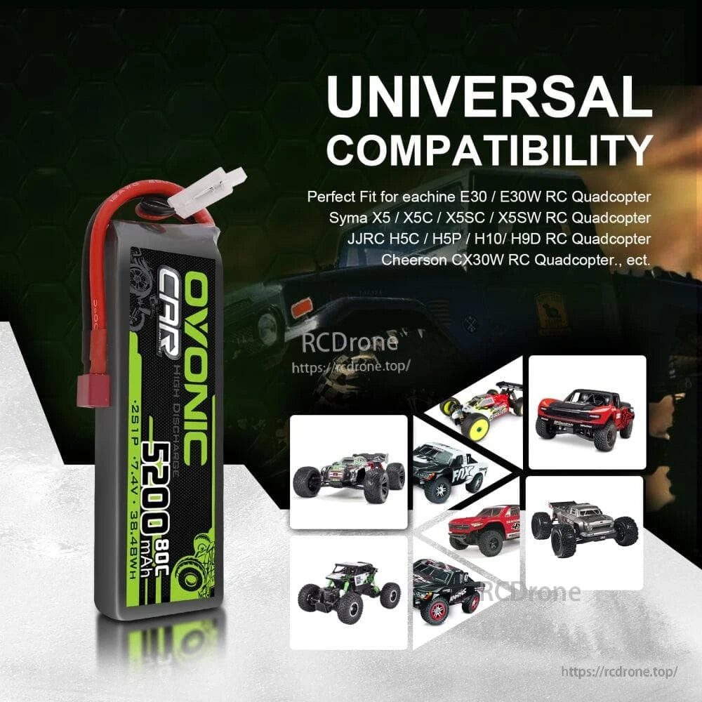 Universal compatibility graphic showing Ovonic LiPo battery used with RC cars and quadcopters