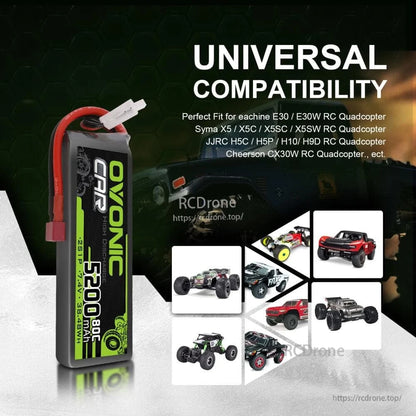 Universal compatibility graphic showing Ovonic LiPo battery used with RC cars and quadcopters