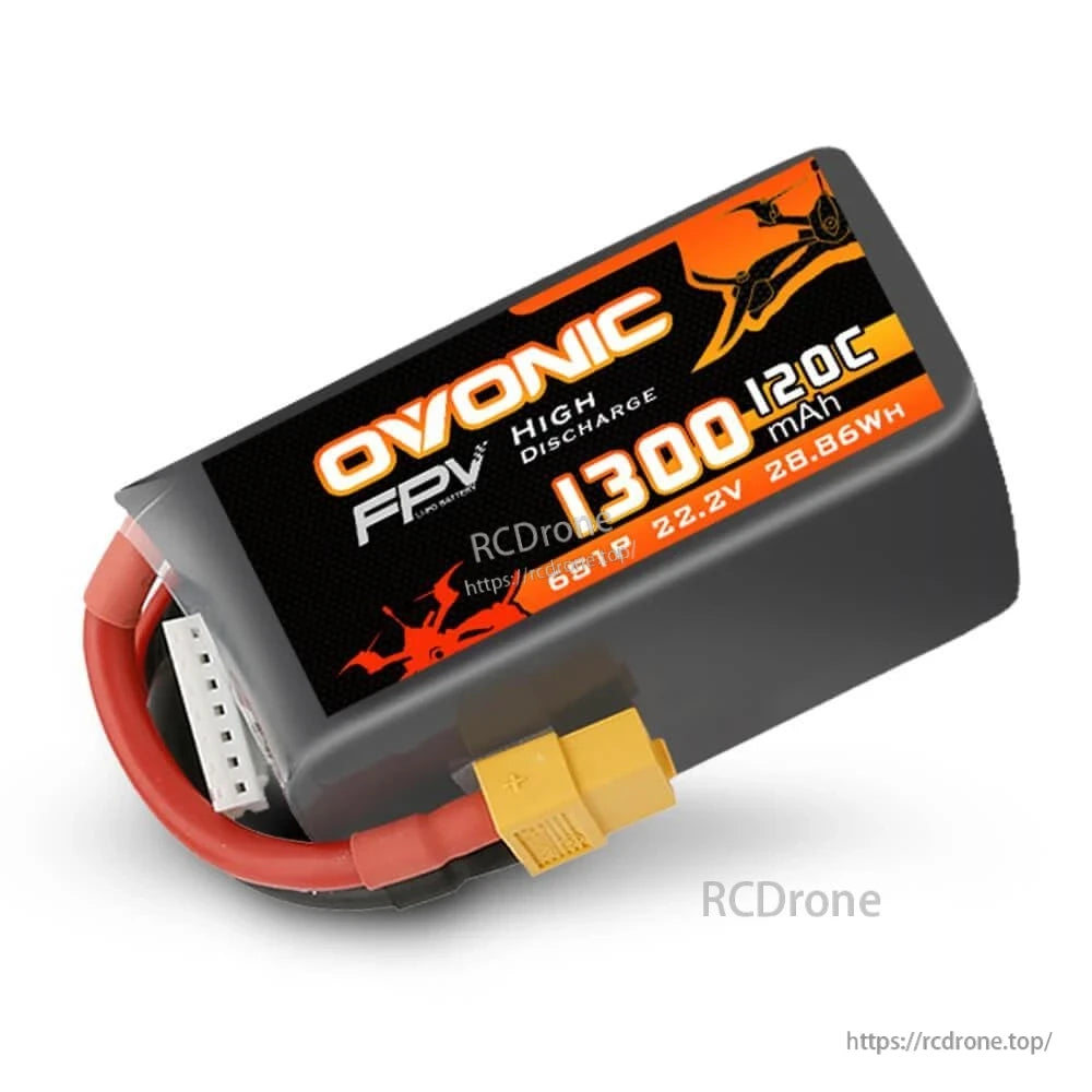 Ovonic 2x 6S 1300mAh 120C LiPo Battery close-up of single pack label with XT60 plug and balance connector