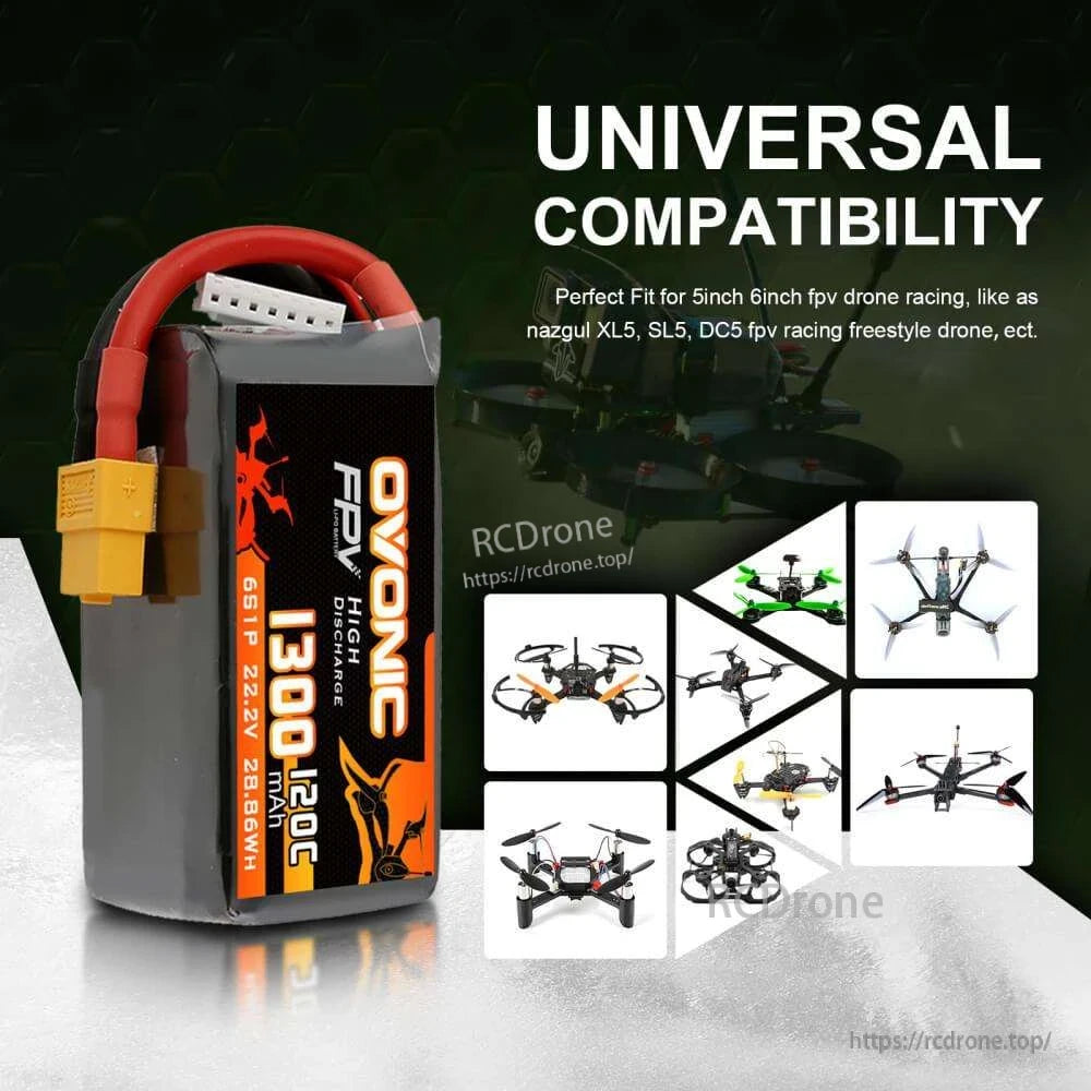 Universal compatibility graphic showing Ovonic 6S battery beside FPV drone images for 5–6 inch quad use