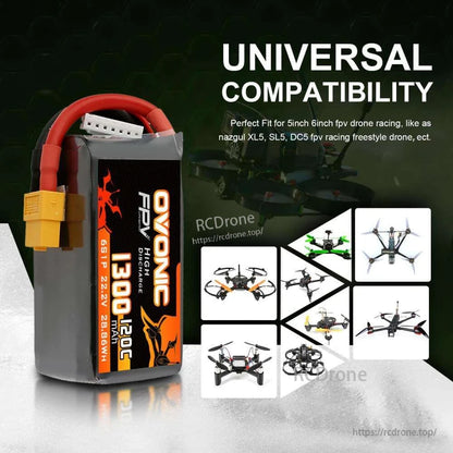 Universal compatibility graphic showing Ovonic 6S battery beside FPV drone images for 5–6 inch quad use