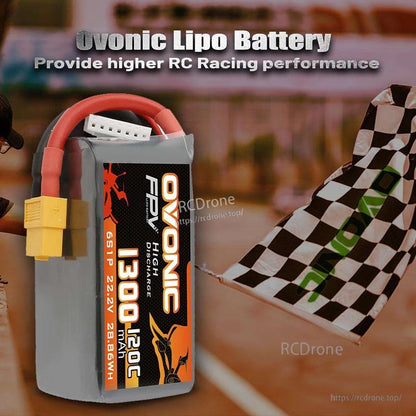 Ovonic LiPo battery racing-themed graphic with checkered flag background and battery standing upright