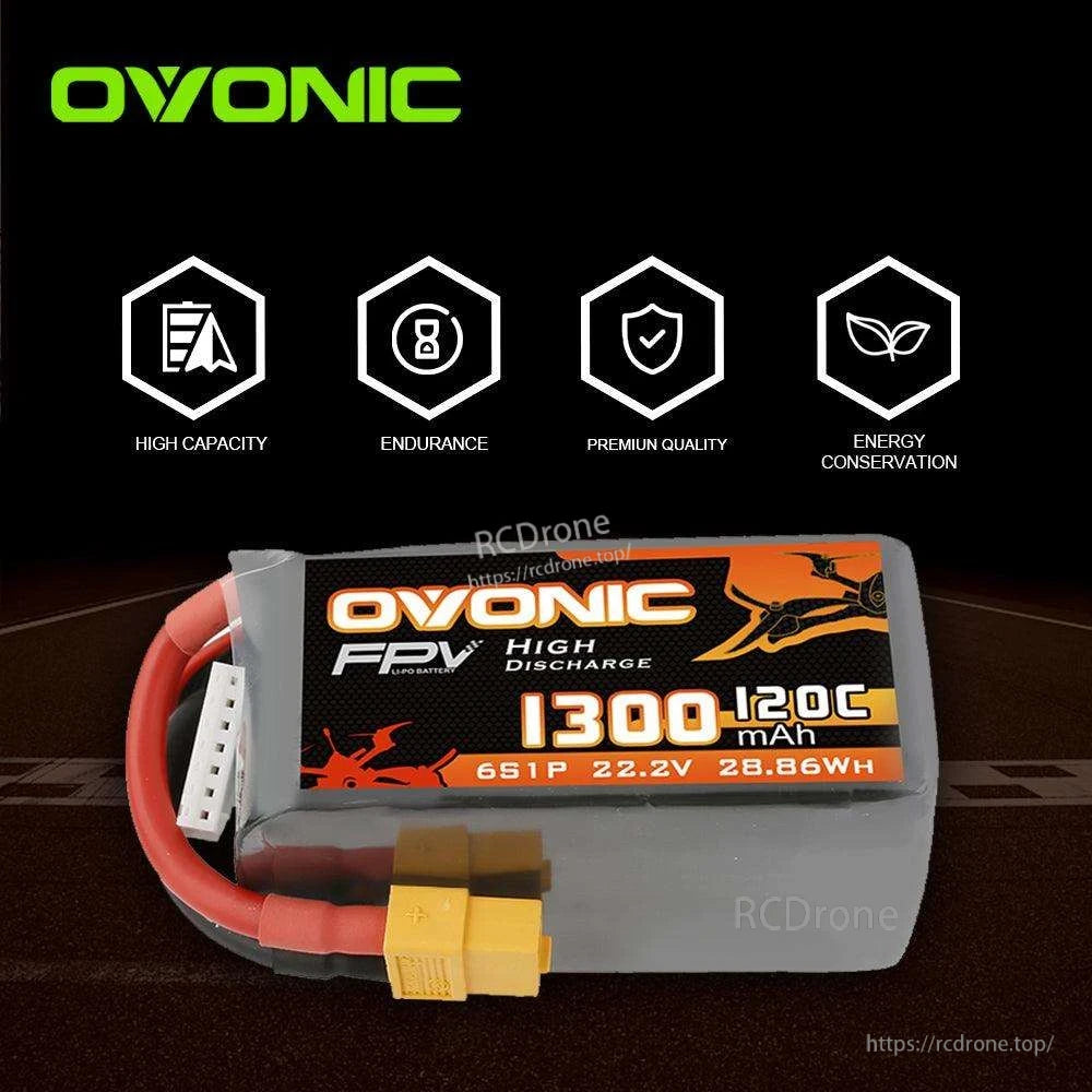 Ovonic battery hero graphic with feature icons above pack: high capacity, endurance, premium quality, energy saving