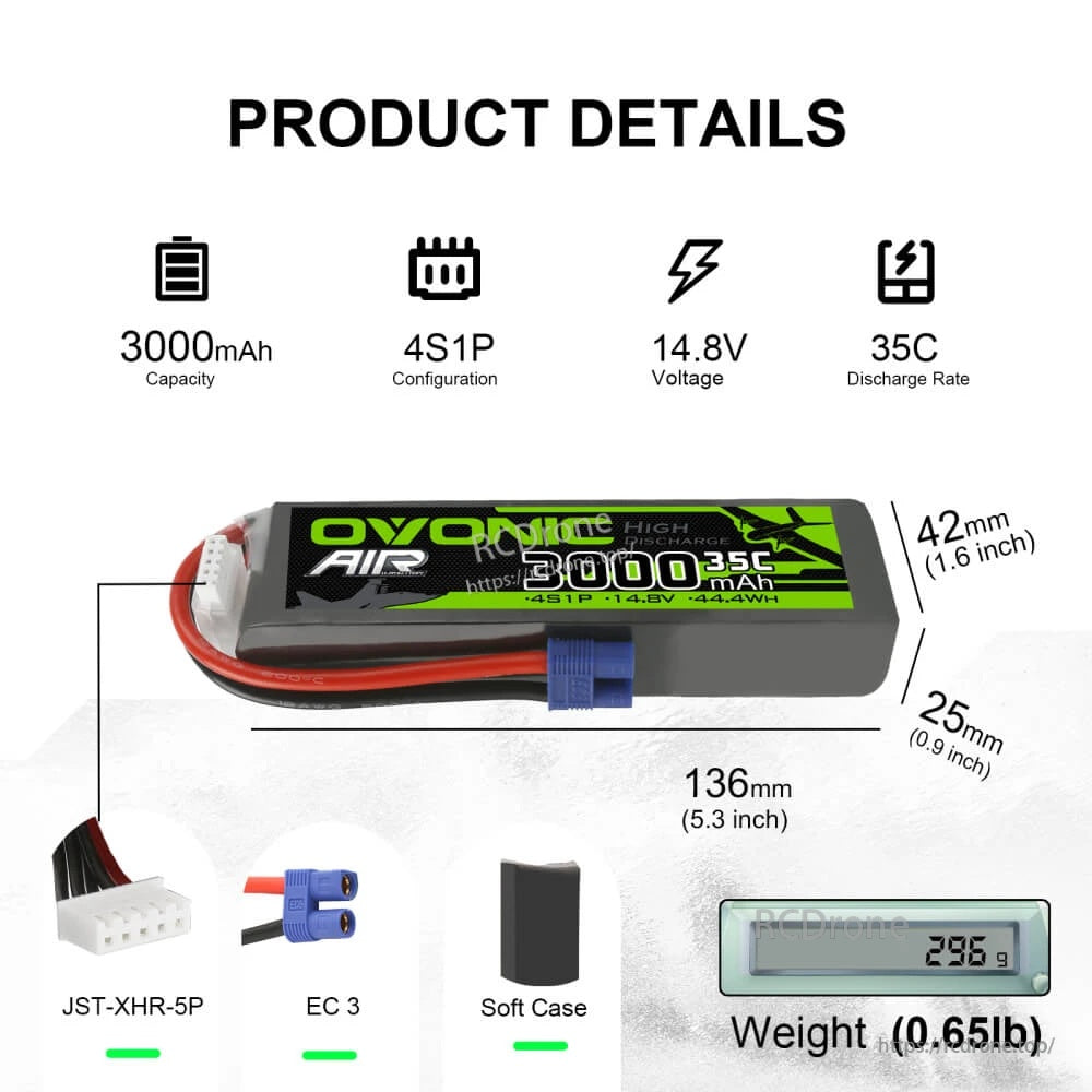 Ovonic Air 3000mAh 4S 14.8V 35C LiPo battery with EC3 plug, JST-XH lead, size and weight details