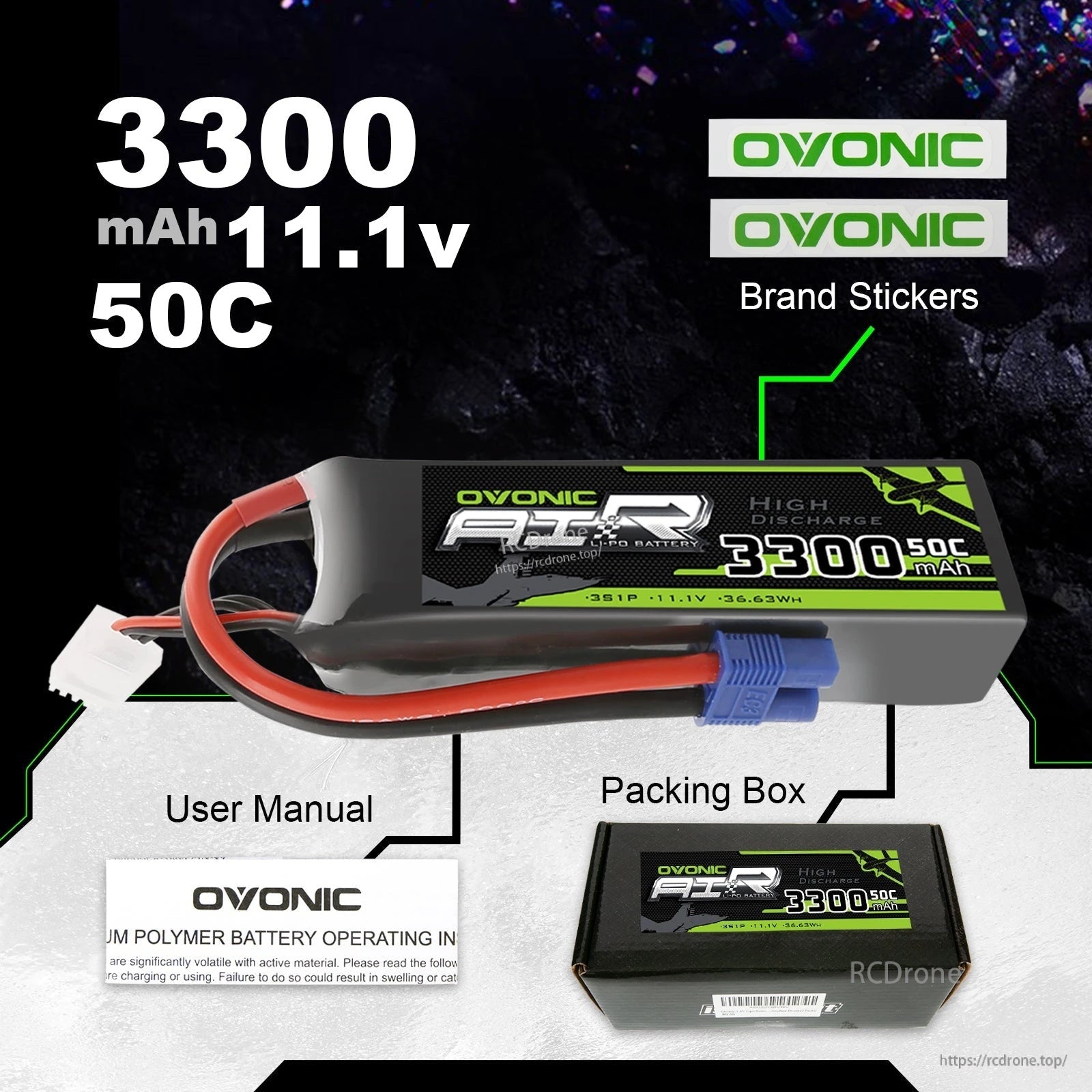 Ovonic 3300mAh 11.1V 50C 3S LiPo battery kit contents with brand stickers, user manual, and packing box