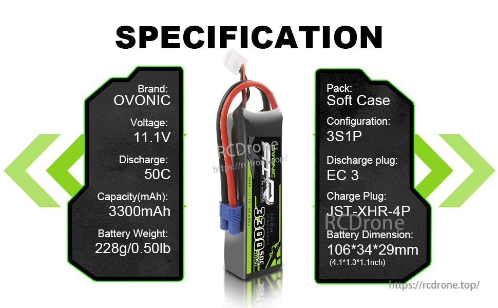 Ovonic battery specification graphic: 3S1P 11.1V 3300mAh 50C, soft case, EC3 plug, JST-XHR-4P, 228g, 106×34×29mm
