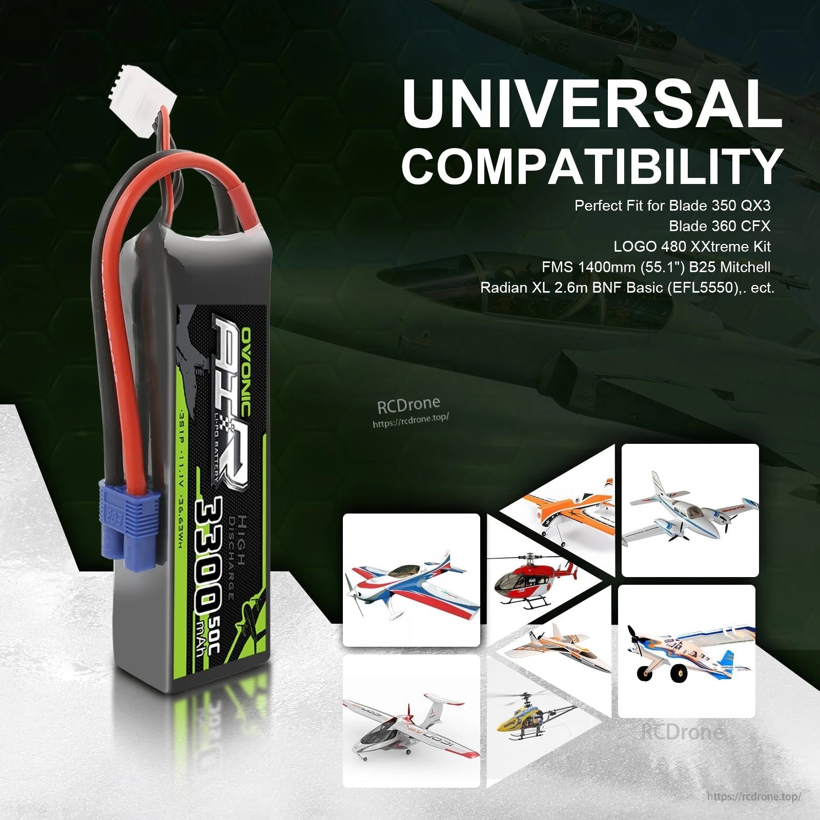 Ovonic 3S 3300mAh LiPo battery compatibility graphic for RC planes and helicopters, including Blade 350 QX3 and 360 CFX