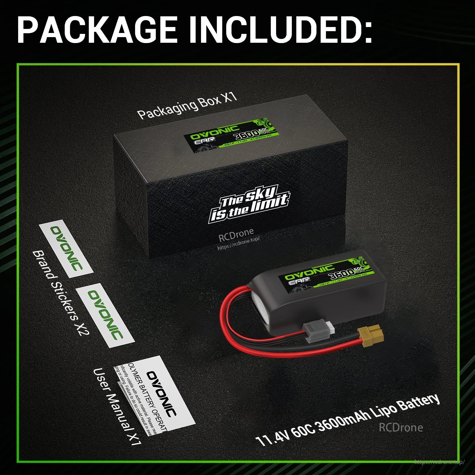 Package included: Ovonic LiPo battery, packaging box, brand stickers, and user manual