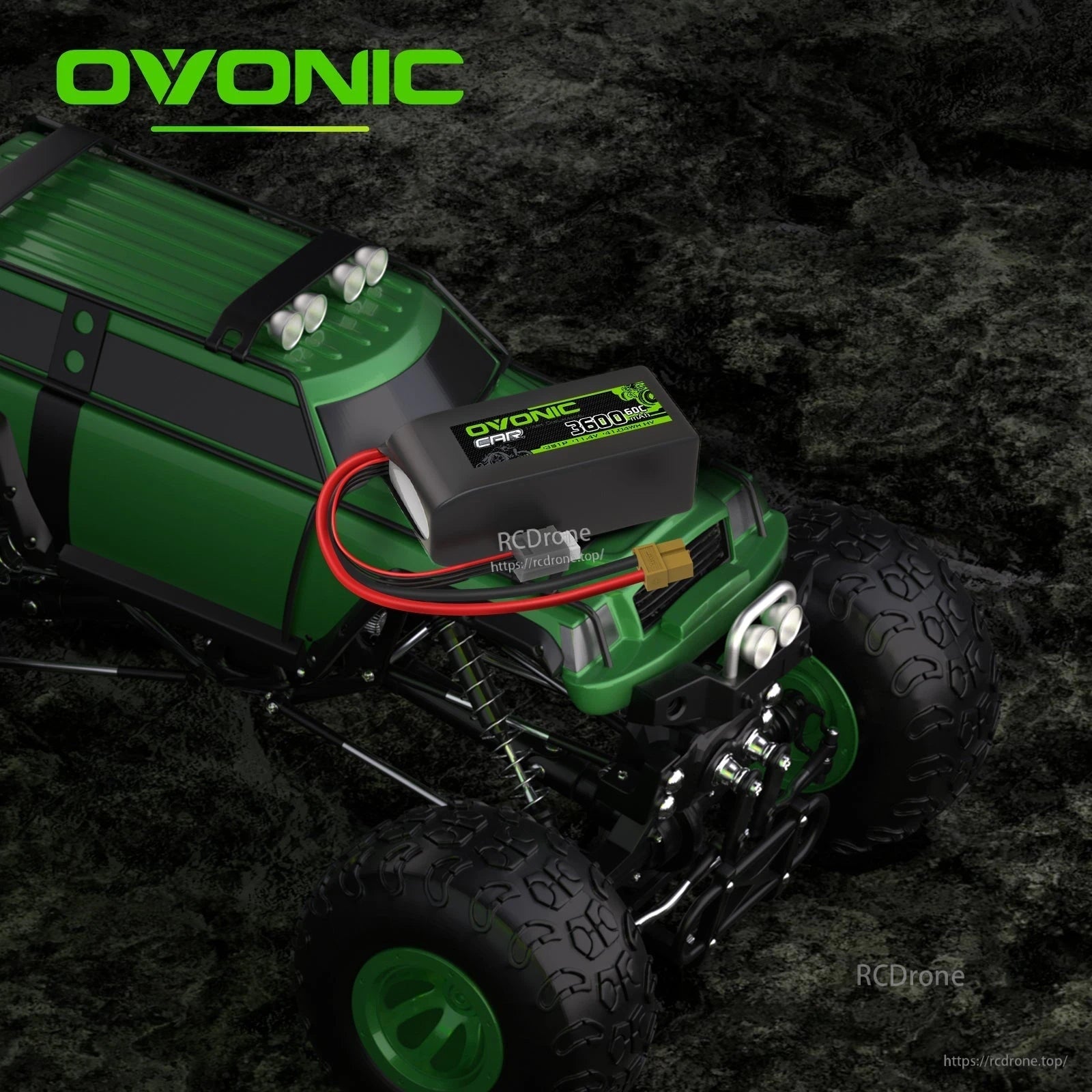 RC car use case graphic showing Ovonic battery installed on a rock crawler chassis