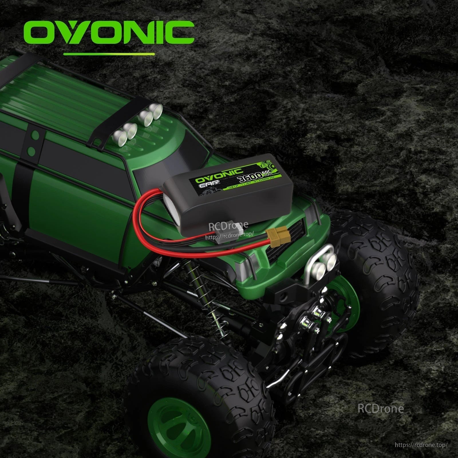 Ovonic 3600mAh 3S 11.4V LiHV LiPo battery placed on an RC rock crawler, highlighting compact fitment and XT60 lead